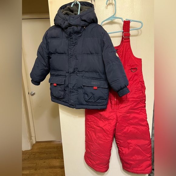 Toddler Gap down filled winter jacket and Lands End snowbibs